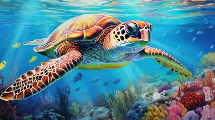  a painting of a green sea turtle swimming over a coral reef with school of raccoon in the foreground and a school of fish in the foreground.