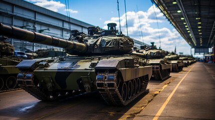   Group of main battle tanks. A convoy of military vehicles travel - obrazy, fototapety, plakaty