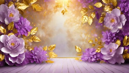 wedding background with purple flowers and golden leaves luxury backdrop for photo album ornate mural generative ai