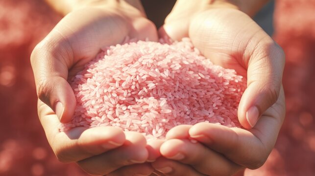 A close-up of a hand holding Japanese rice 