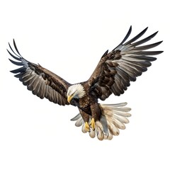 A bald eagle is flying with its wings spread wide