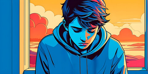 Illustration of sad teenager boy.