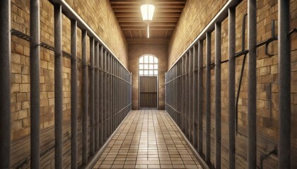corridor of a prison with bars and open cell door