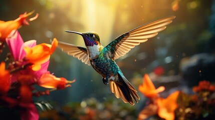 Obraz premium a hummingbird flying through the air with its wings wide open and wings wide open, with flowers in the foreground and a bright sunbeam in the background.