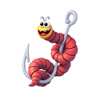 A 3d cartoon character worm on the fishing hook for fish trapping white background, looking cute, adorable and joyful