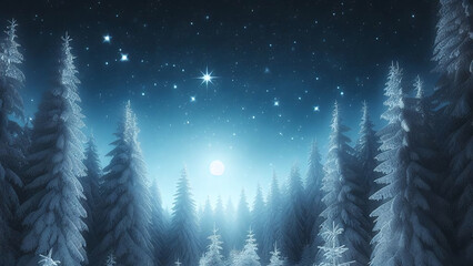 Beautiful view in the forest, to the winter sky with stars and moonlight