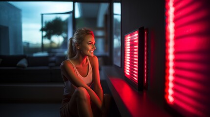 Young Woman doing Red Light Therapy Session with Panel
