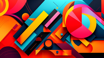 An abstract composition of intersecting lines and geometric shapes.   Vibrant colors, and strong lines