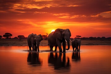 Fototapeta na wymiar a group of elephants walking across a body of water with the sun setting in the distance behind them and a few clouds in the sky over the top of the water.