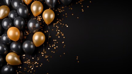 black background with gold and silver balloons, birthday banner copy space, backdrop