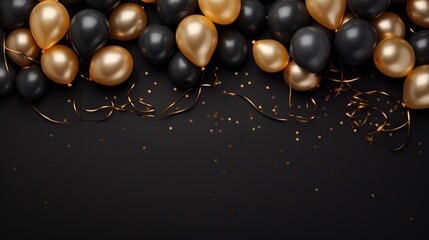black background with gold and silver balloons, birthday banner copy space, backdrop, Generative AI