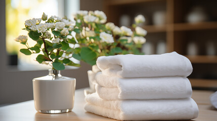 Obraz na płótnie Canvas Stack of white towels on the table in the room for relaxation. Concept of spa and relaxation