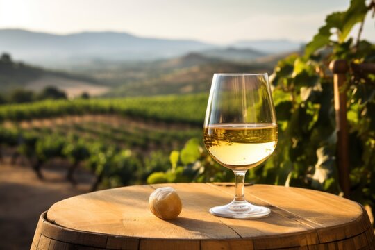  a glass of white wine sitting on top of a barrel next to a bottle of wine and a clove of garlic on a table in front of a vineyard.