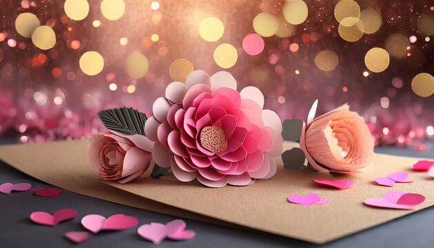 pink rose and candles. valentine's day background with a bottle of wine and envelopes - stock photo for valentines, love, dating, romance, celebration concept