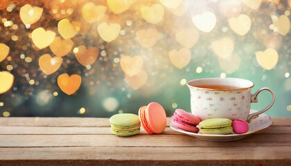 cup of coffee and cookies on wooden table. valentine's day background with a cup of tea and macaroons in the shape heart; toning image, copy space, vertical orientation - obrazy, fototapety, plakaty