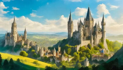 a fantasy kingdom with towering castles and sprawling cities fantasy concept illustration painting...