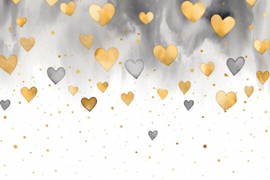  a group of gold and silver hearts floating in the air on a white background with gold and silver confetti on the left side of the image and on the right side of the image.