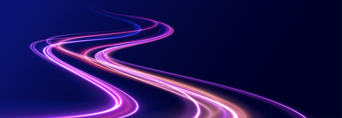Light trail wave, fire path trace line, car lights, optic fiber and incandescence curve twirl. Rotating dynamic neon circle. Colored shiny sparks of spiral wave.  - obrazy, fototapety, plakaty