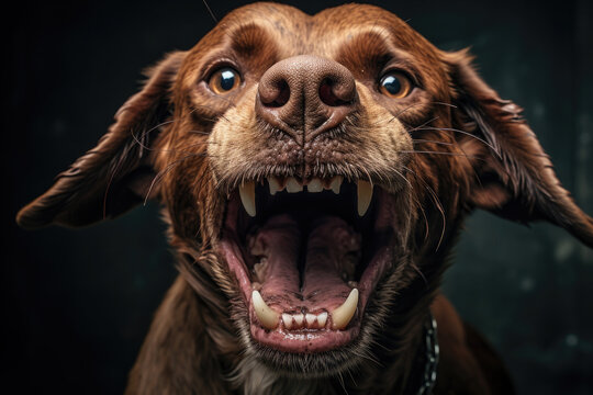 Portrait of a surprised, angry dog with an open mouth on a black background. Funny, humorous photo, meme