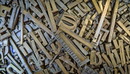 letterpress background close up of many old random metal letters with copy space