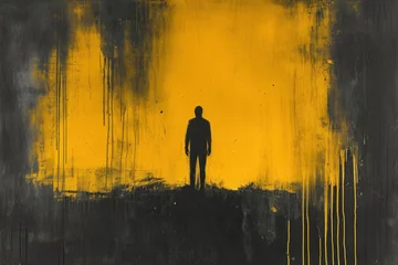 Foto op Canvas Silhouette of a dark lonely person, yellow background, thick ink texture, doom, desolation, darkness, emptiness © Teppi