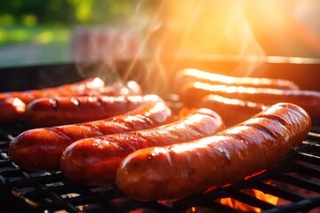  a close up of hot dogs on a grill with a lot of smoke coming out of the top of one of the hotdogs and the hot ones on the grill. - obrazy, fototapety, plakaty