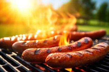  three hotdogs on a grill with a flame in the middle of the grill and a grassy area in the background with trees and grass in the foreground. - obrazy, fototapety, plakaty