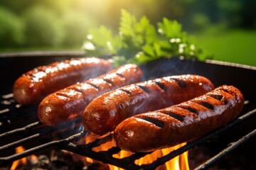  three hotdogs on a grill with a green leafy plant in the backgrouf of the grill in the foreground, and a green lawn in the background. - obrazy, fototapety, plakaty