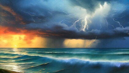 dramatic thunderstorms over the ocean fantasy concept illustration painting