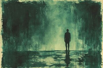 Silhouette of a dark lonely person, green background, thick ink texture, doom, desolation, darkness, emptiness