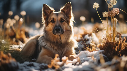 German Shepherd sitting in the nature, melting snow around and spring flowers, blooming season, sun, spring colors. Close up of German Shepherd in nature in Spring.