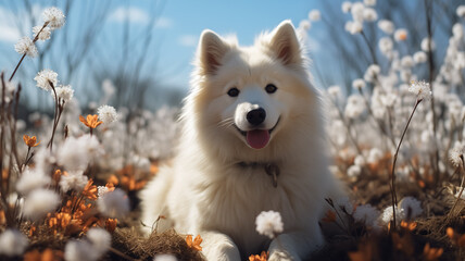 Beautiful Samoyed sitting in the nature, melting snow around and spring flowers, blooming season, sun, spring colors. Close up of white Samoyed in nature in Spring. - obrazy, fototapety, plakaty