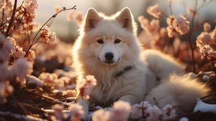 Beautiful Samoyed sitting in the nature, melting snow around and spring flowers, blooming season, sun, spring colors. Close up of white Samoyed in nature in Spring.