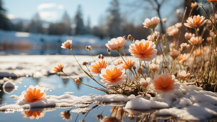 The beginning of Spring. New born flowers in the nature, melting snow around spring flowers,...