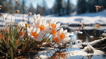 Wallpaper of Spring. New born flowers in the nature, melting snow around the river in the...