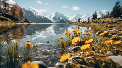 Wallpaper of Spring. New born flowers in the nature, melting snow around the river in the mountains, blooming season, sun, spring colors.