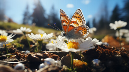 Butterfly on new born flower in the nature, melting snow around spring flowers, blooming season,...