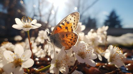Obraz premium Butterfly on new born flower in the nature, melting snow around spring flowers, blooming season, sun, spring colors. Close up of butterfly on blooming flower in nature in Spring