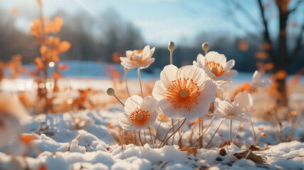 The beginning of Spring. New born flowers in the nature, melting snow around spring flowers, blooming season, sun, spring colors. Close up of blooming flower in nature in Spring.
