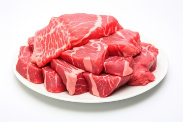  a white plate topped with pieces of raw meat on top of a white table next to another plate of raw meat on top of a white table with a white background.