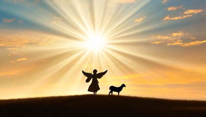 biblical christmas story traditional silhouette of a christmas angel and shepherd with lamb 3d render announcement of jesus birth in bethlehem by gabriel