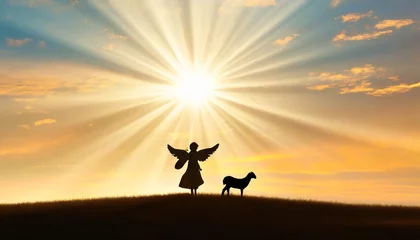 Fotobehang biblical christmas story traditional silhouette of a christmas angel and shepherd with lamb 3d render announcement of jesus birth in bethlehem by gabriel © Marsha