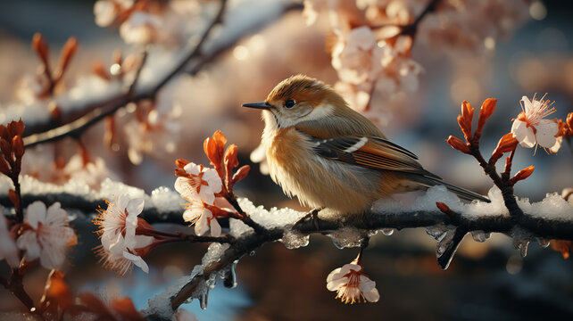 Close up of a Bird standing in the tree, sunset light and colors, surrounded with melting snow and spring flowers, blooming season, sun, spring colors.