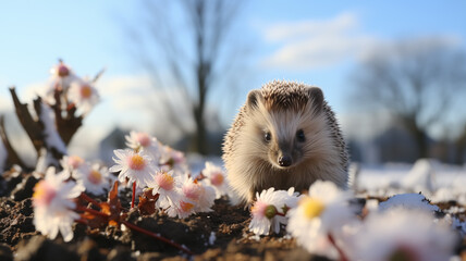 Hedgehogs in the field, melting snow around and spring flowers, blooming season, sun, spring...