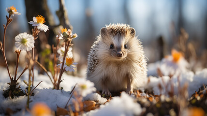 Hedgehogs in the field, melting snow around and spring flowers, blooming season, sun, spring colors. Close up of hedgehogs in nature in Spring. - obrazy, fototapety, plakaty