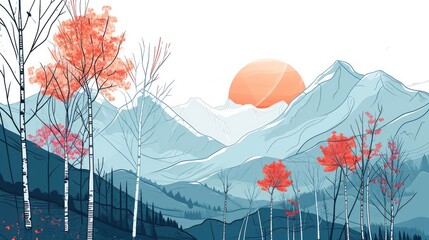A line drawing of mountains with the sun setting, with aspen trees