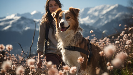 A hiker girl with her dog in the field. Flowers in the nature, blooming season, sun, spring colors....