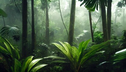 dark tropical forest in the rain large exotic plants in the forest green background ai