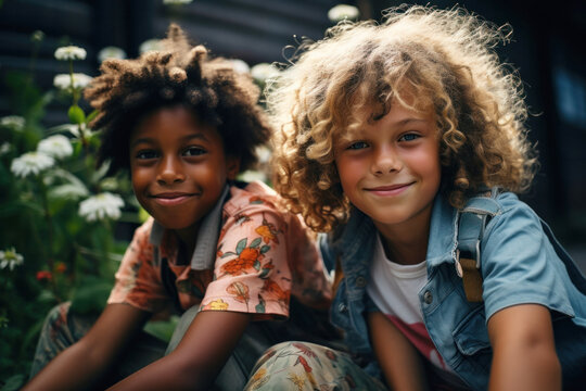 Two happy and smiling children with casual attire, inseparable friends, sitting on the  house' porch. Interracial friendship. Ai generated