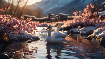 Birds in the nature in Spring.Melting snow and spring flowers, blooming season, sun, spring colors....